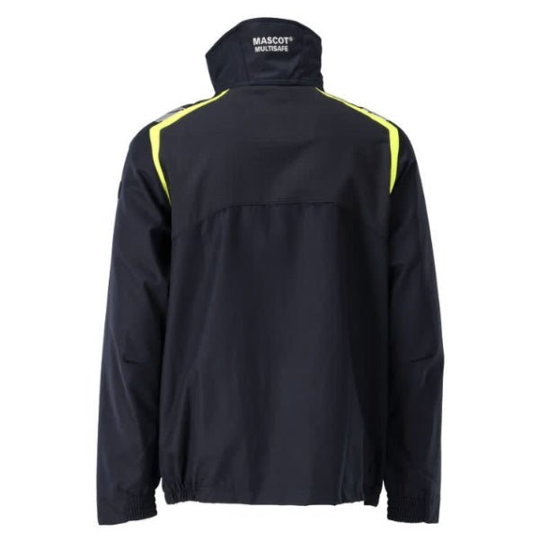 Back view of the Mascot Accelerate Flame Retardant Jacket 21509-281 in dark navy showing Stretch Zones panels and elastic waist hem.