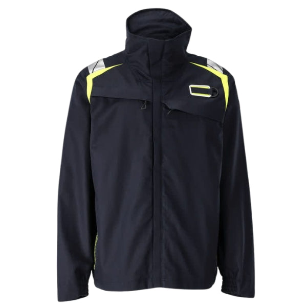 Front view of the Mascot Accelerate Flame Retardant Jacket 21509-281 in dark navy showing zip fastening, double storm flap and high collar.