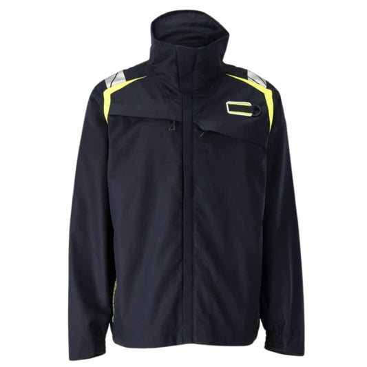 Front view of the Mascot Accelerate Flame Retardant Jacket 21509-281 in dark navy showing zip fastening, double storm flap and high collar.