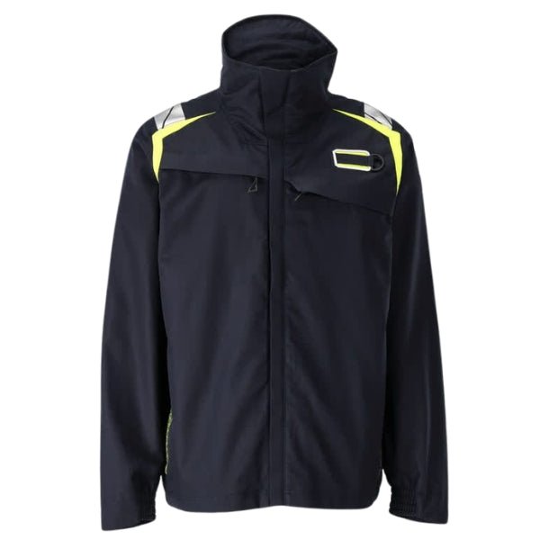 Front view of the Mascot Accelerate Flame Retardant Jacket 21509-281 in dark navy showing zip fastening, double storm flap and high collar.