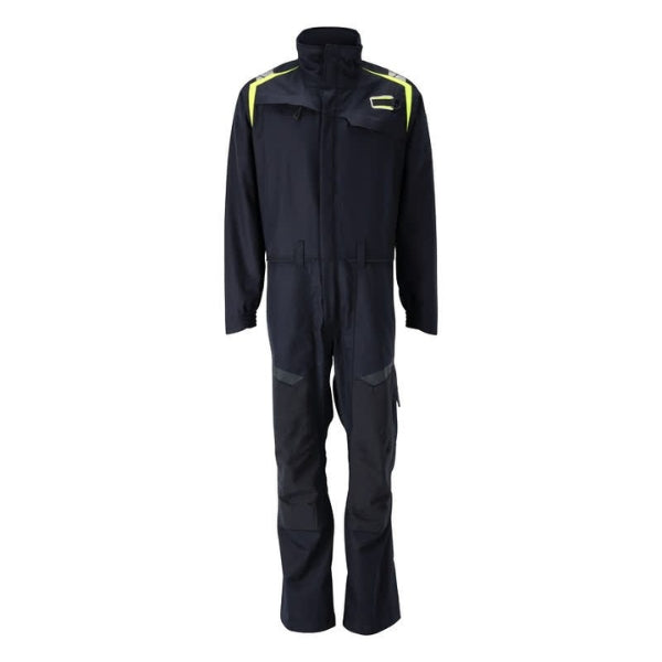 Front view of the Mascot Flame Retardant Stretch Boilersuit 21519-281 with chest zip pocket and double storm flap.