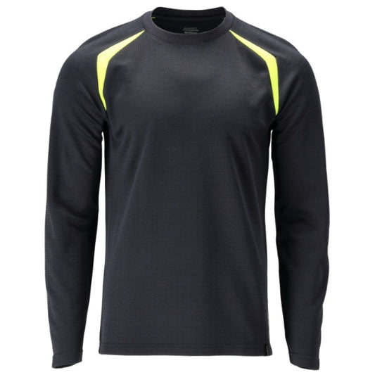 Front view of the Mascot flame retardant long-sleeved t-shirt 21581-327, fluorescent contrast colour with modern fit and round neck.
