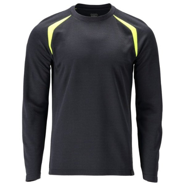 Front view of the Mascot flame retardant long-sleeved t-shirt 21581-327, fluorescent contrast colour with modern fit and round neck.