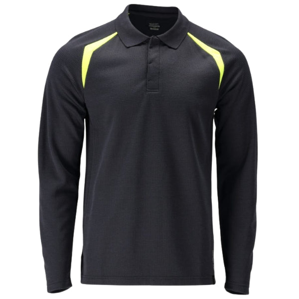 Front view of the Mascot flame retardant long-sleeved polo 21583-327, fluorescent contrast colour with modern fit and ribbed collar.