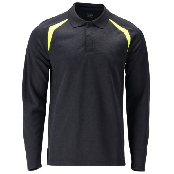 Front view of the Mascot flame retardant long-sleeved polo 21583-327, fluorescent contrast colour with modern fit and ribbed collar.