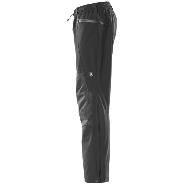 Left side profile of Mascot Accelerate Over Trousers 18690 in black, highlighting reinforced seams and water-repellent fabric.