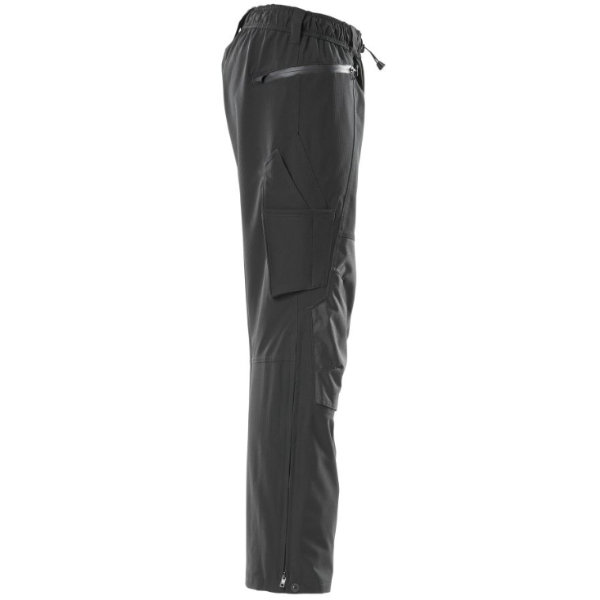 Right profile view of black Mascot 18690 over trousers with reflective piping and weatherproof material.