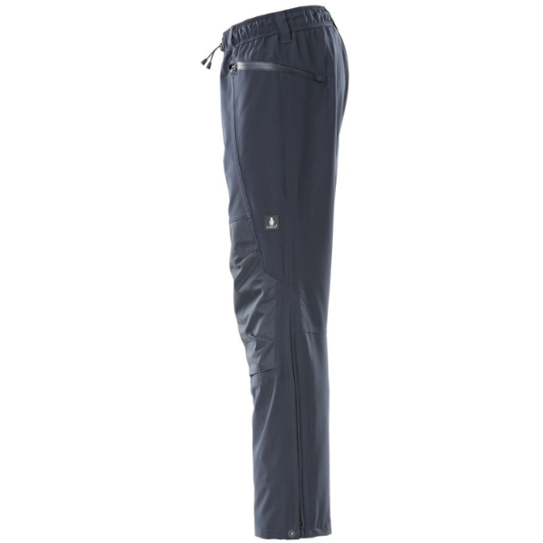 Left side profile of Mascot Accelerate Over Trousers 18690 in black, highlighting reinforced seams and water-repellent fabric.