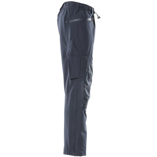 Right profile view of black Mascot 18690 over trousers with reflective piping and weatherproof material.