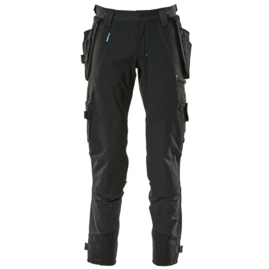 Front view of Mascot Advanced Workwear Stretch Trousers 17031 in black, featuring ergonomic fit and reinforced knees – available at Kustom Workwear.