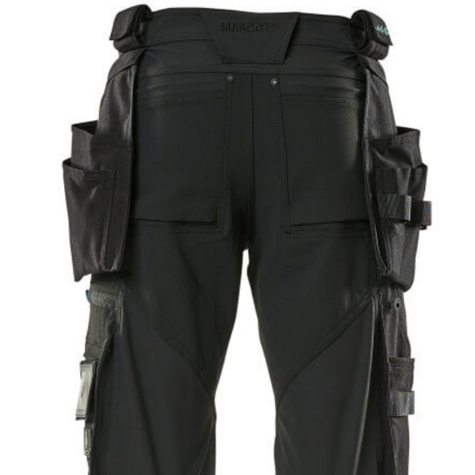 Detailed pocket panel of Mascot 17031 work trousers with integrated ID holder and utility compartments.
