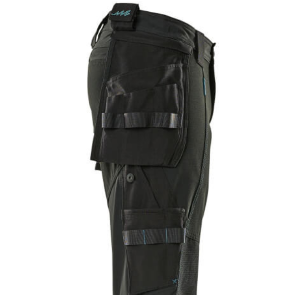 Detailed pocket panel of Mascot 17031 work trousers with integrated ID holder and utility compartments.