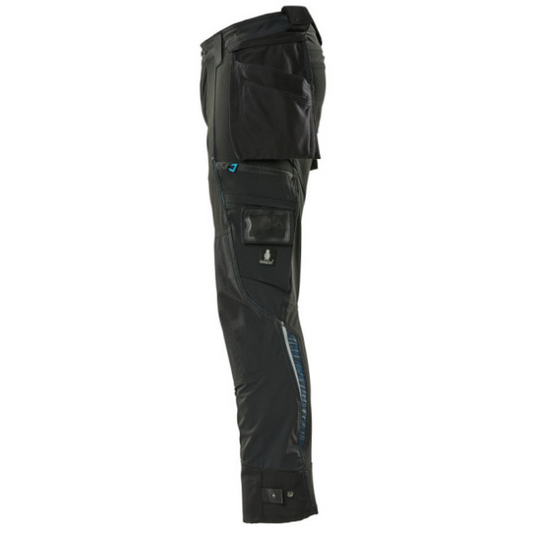 Left side profile of Mascot 17031 work trousers showing holster pockets, durable stretch fabric, and tool compartments.