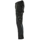 Left side profile of Mascot 17031 work trousers showing holster pockets, durable stretch fabric, and tool compartments.