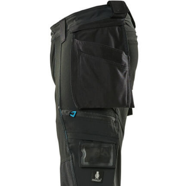 Side technical layout of Mascot Advanced 17031 trousers highlighting seam reinforcements and tool loops – durable & ergonomic from Kustom Workwear.