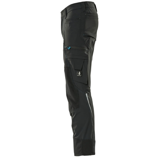 Left side profile of Mascot 17179 trousers showcasing holster pockets and multi-compartment utility storage.