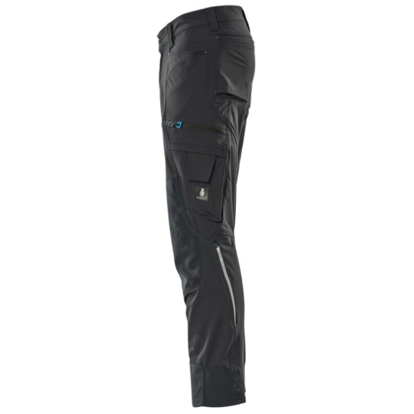 Left side profile of Mascot 17179 trousers showcasing holster pockets and multi-compartment utility storage – premium tradesman gear from Kustom Workwear.