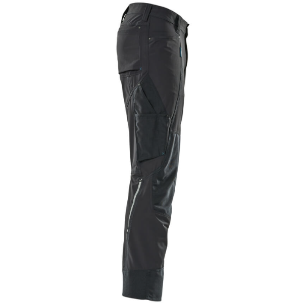 Right side angle of Mascot Advanced 17179 trousers with integrated tool holders and reflective detailing – safety and style.