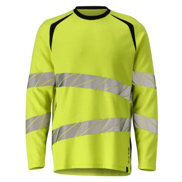 Front view of the Mascot Hi-Vis Flame Retardant T-Shirt 21381-327 with fluorescent Hi-Vis panels and reflective strips.