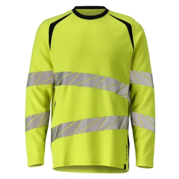 Front view of the Mascot Hi-Vis Flame Retardant T-Shirt 21381-327 with fluorescent Hi-Vis panels and reflective strips.