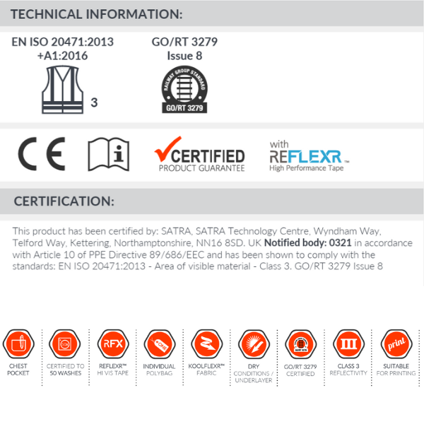 Technical information and certification details for the Traega TPSL02 Hi-Vis Long Sleeve Polo Shirt, including standards and features.