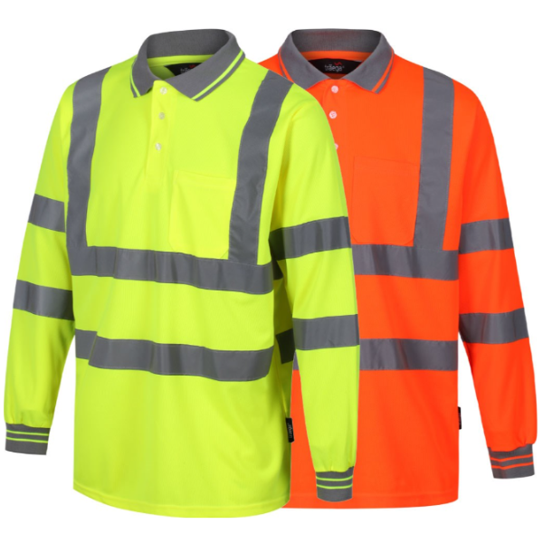 Two long-sleeve shirts, one green and one orange, with reflective stripes on a white background.