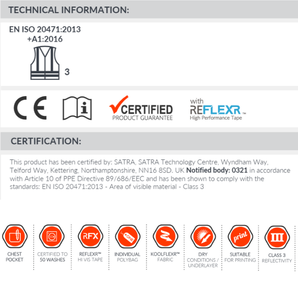 Technical information and certification details for the Traega TPSL02 Hi-Vis Long Sleeve Polo Shirt, including EN ISO 20471:2013 standards and Reflexr high-performance tape.