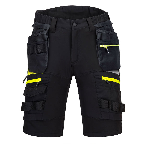 Front view of the Portwest DX4 Holster Shorts DX444 in black, showing the zip-off holster pockets and CorePro reinforcement.