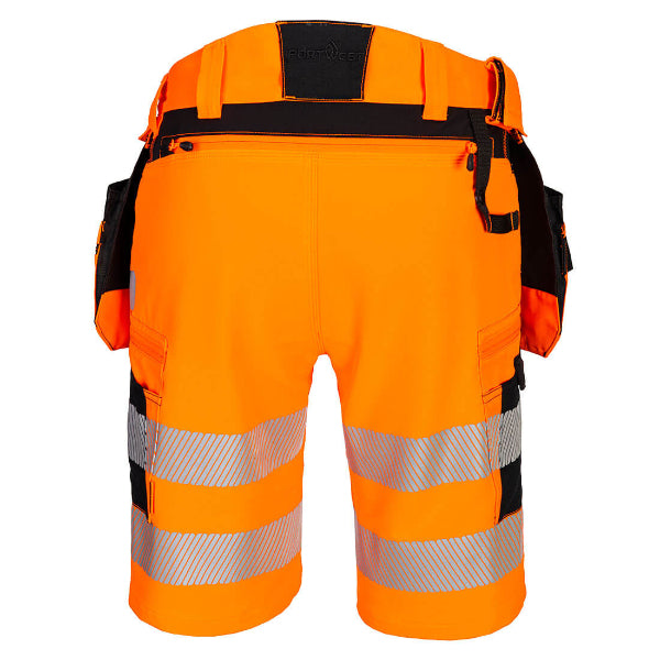 Back view of Portwest DX446 hi vis work shorts in orange and black with reflective tape, high rise waistband and rear pocket detailing.