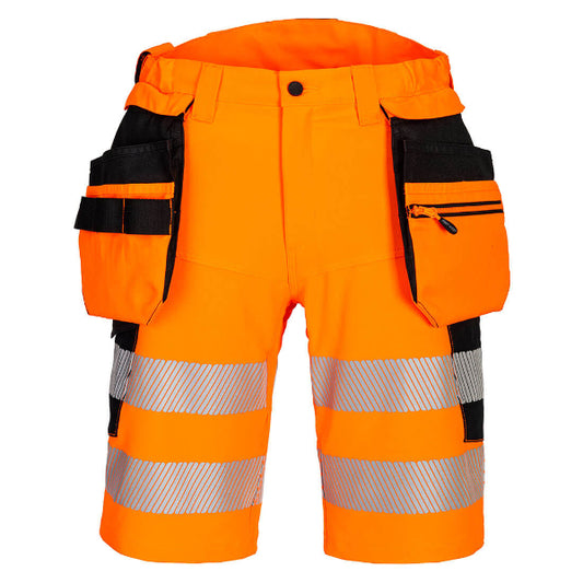 Front angled view of Portwest DX446 hi vis work shorts in orange and black with reflective bands and holster pockets, showing multiple storage features.