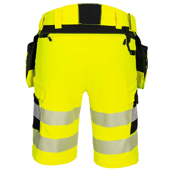 Back view of Portwest DX446 hi vis work shorts in yellow and black with reflective bands, showing waistband design and rear storage pockets