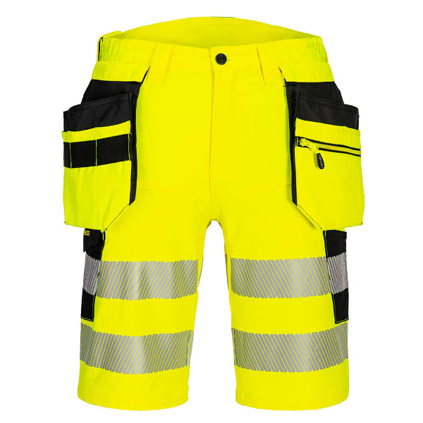 Front view of Portwest DX446 hi vis work shorts in yellow and black with holster pockets, reflective tape and multi pocket layout
