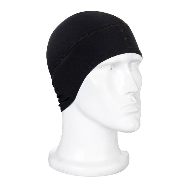 Front view of the Portwest HA18 helmet liner in black, designed to fit comfortably under safety helmets, featuring a lightweight insulating fabric construction that provides warmth and comfort in cold working conditions, photographed on a white background.