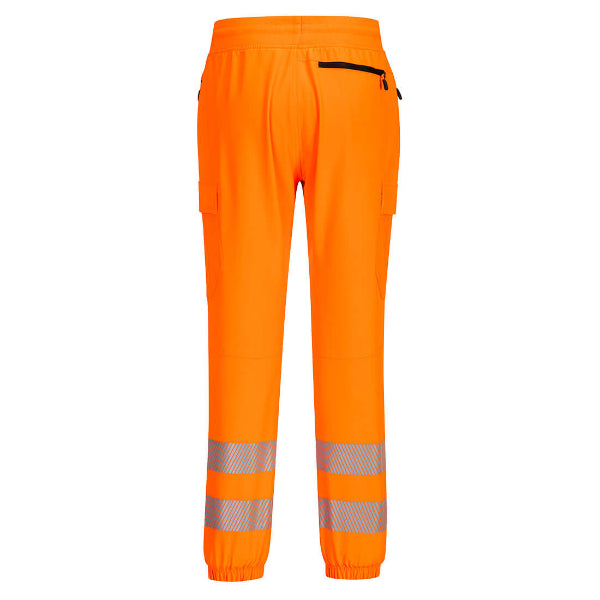 Back view of Portwest KX346OBR high‑visibility orange flexi jogger trousers featuring reflective leg bands and a zippered back pocket.