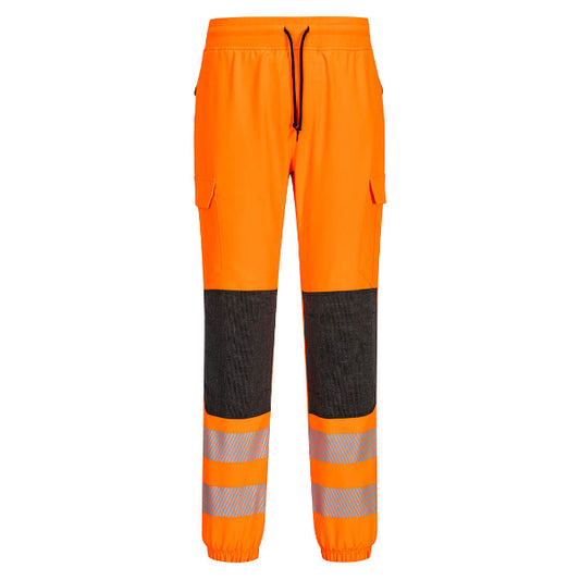 Front view of Portwest KX346OBR high‑visibility orange flexi jogger trousers with black reinforced knee panels and reflective leg bands.