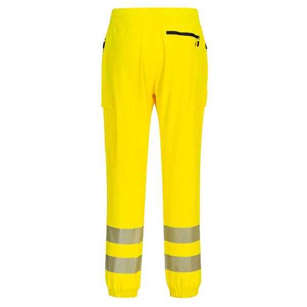 Back view of Portwest KX346YBR high‑visibility yellow flexi jogger trousers featuring reflective leg bands and zippered pockets.