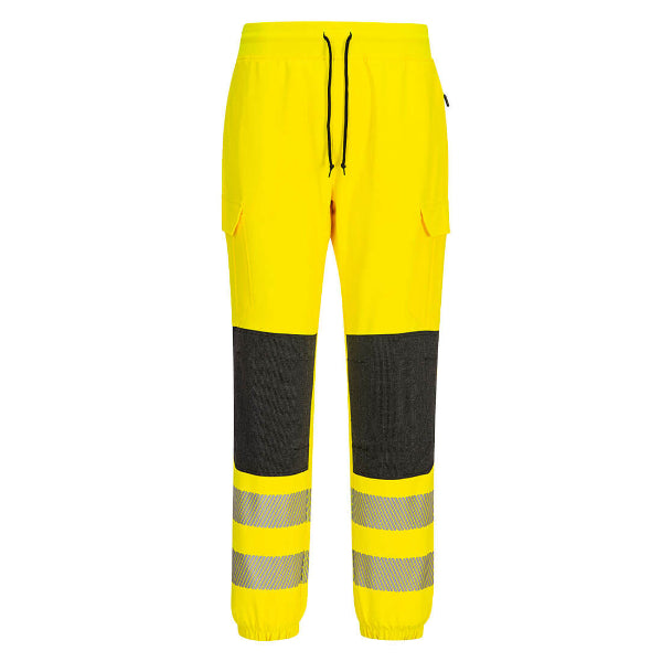 Front view of Portwest KX346YBR high‑visibility yellow flexi jogger trousers with black reinforced knee panels and reflective leg bands.