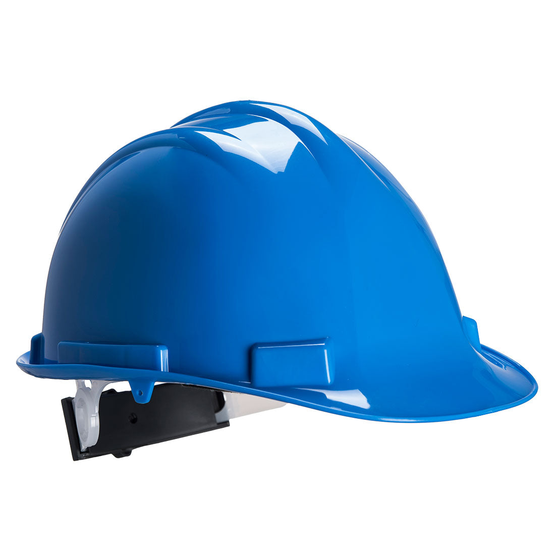 Portwest PW50 blue safety helmet shown in an angled side view on a white background.