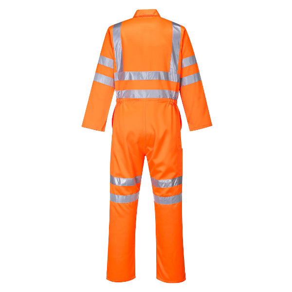 Back view of the Portwest RT42 high visibility coverall in orange, showing the reflective tape layout across the back and legs, ergonomic fit and durable poly‑cotton fabric, designed for visibility and comfort in rail, construction and industrial work environments, photographed on a white background.