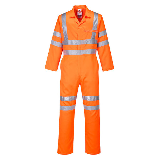 Front view of the Portwest RT42 hi‑vis poly‑cotton coverall in orange, featuring reflective tape bands, a concealed front zip for secure fastening, chest pocket with zip, phone pocket and contrast stitching, designed for high visibility and practical worksite use, photographed on a white background.