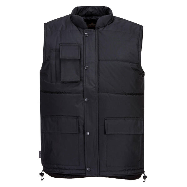 A black Portwest classic bodywarmer with multiple pockets and button closures. Available at Kustom Workwear.