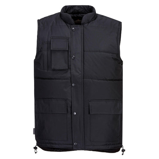 A black Portwest classic bodywarmer with multiple pockets and button closures. Available at Kustom Workwear.