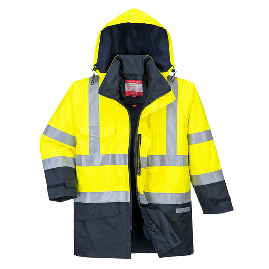 Front view of the Portwest S779 Bizflame hi‑vis FR rain jacket in yellow and navy, featuring reflective tape, zip front and hood, photographed on a white background.
