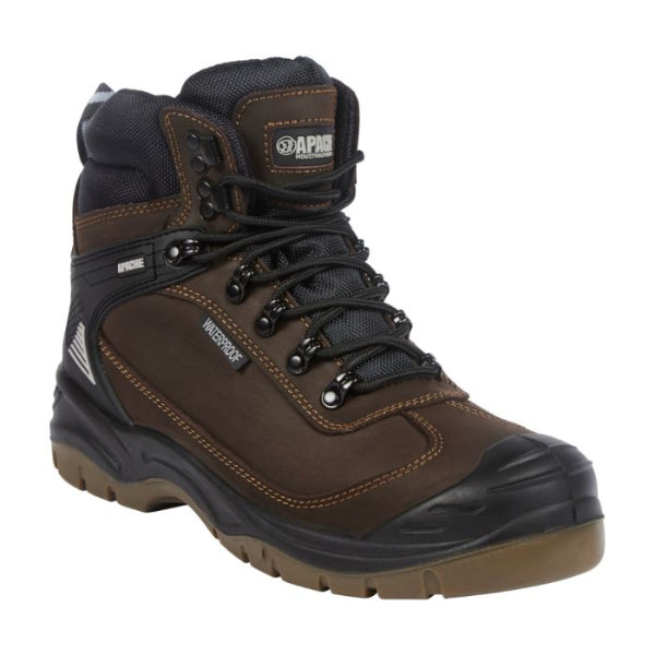 Brown and black Apache Safety boot with visible brand logo on a white background.
