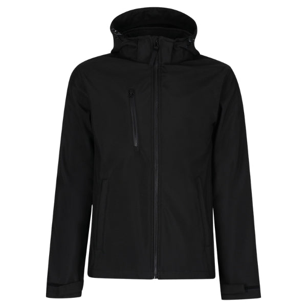 Front view of the Regatta Hooded Softshell Jacket TRA701 in black showing zipped chest pocket, lower pockets and adjustable cuffs.