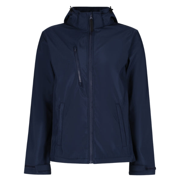Front view of the Regatta Hooded Softshell Jacket TRA701 in navy showing grown-on hood, full zip and wind resistant softshell construction.