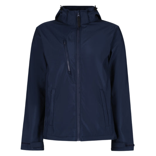 Front view of the Regatta Hooded Softshell Jacket TRA701 in navy showing grown-on hood, full zip and wind resistant softshell construction.