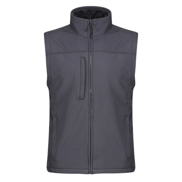 Front view of the Regatta Flux Softshell Bodywarmer TRA788 in seal grey showing full zip, chest pocket and adjustable hem.