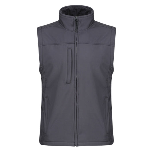 Front view of the Regatta Flux Softshell Bodywarmer TRA788 in seal grey showing full zip, chest pocket and adjustable hem.