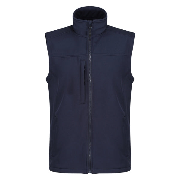 Front view of the Regatta Flux Softshell Bodywarmer TRA788 in navy showing wind resistant softshell construction and zipped pockets.